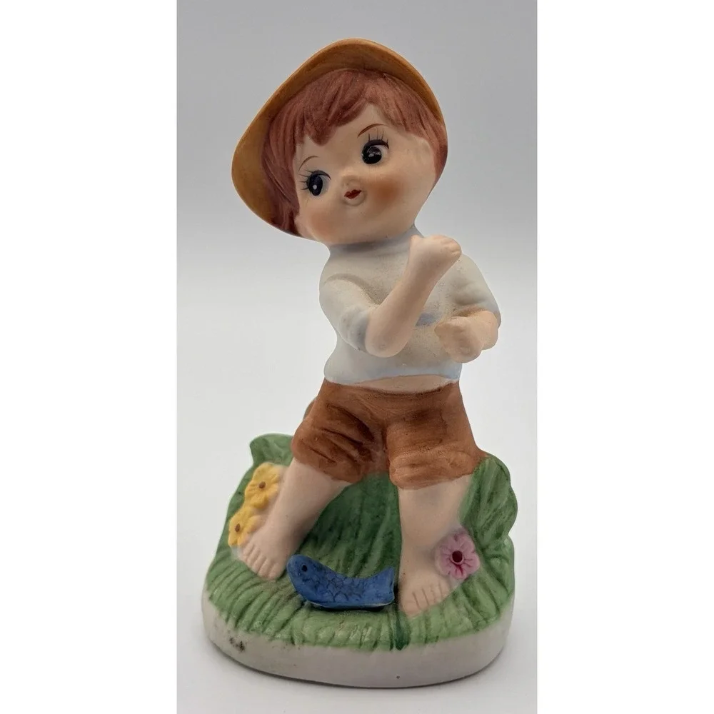 Vintage Korea Hand Painted Porcelain Cute Fishing Boy Figurine